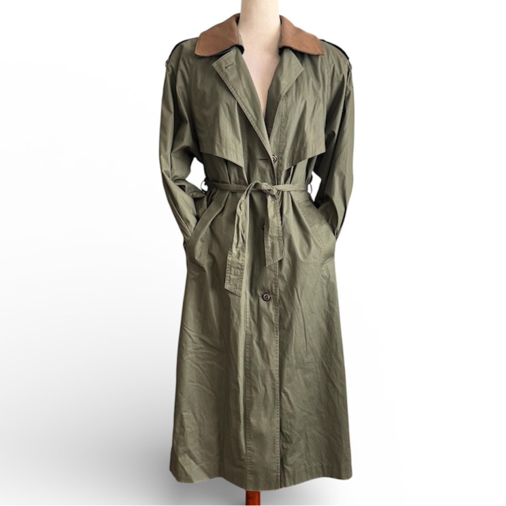 Gallery Olive Green Trench Coat with Brown Collar